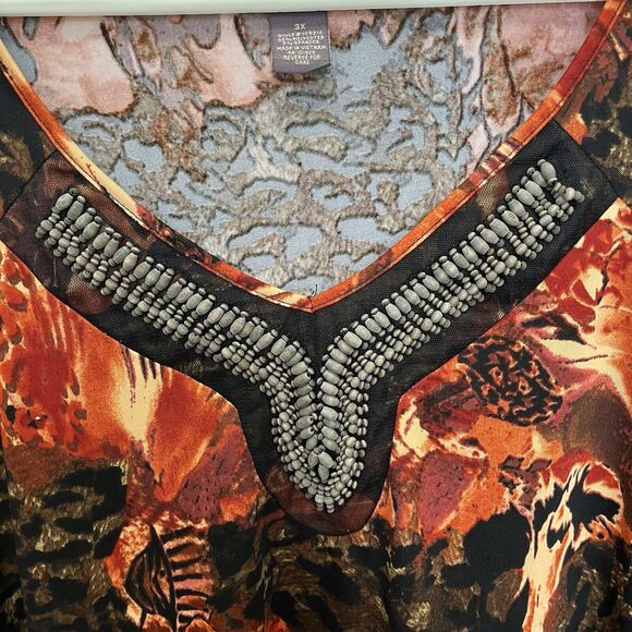 Suzie Couture | Orange & Brown Animal Print Artsy Tunic Top Lagenlook 3X Beaded - Picture 5 of 6